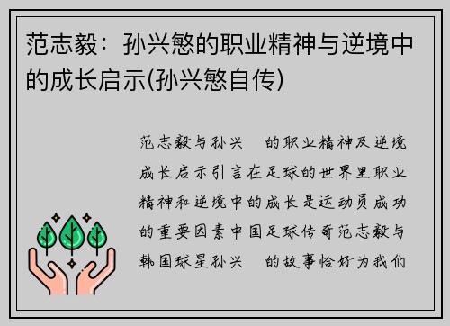 范志毅：孙兴慜的职业精神与逆境中的成长启示(孙兴慜自传)