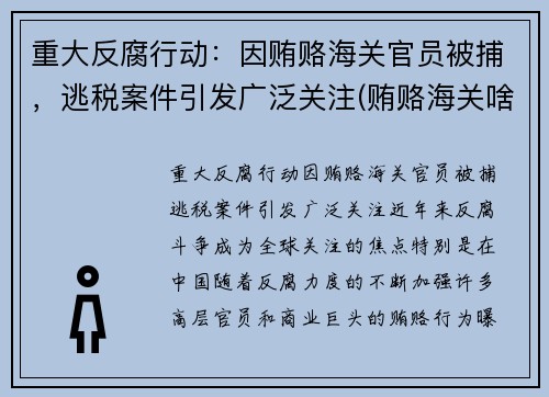 重大反腐行动：因贿赂海关官员被捕，逃税案件引发广泛关注(贿赂海关啥罪)