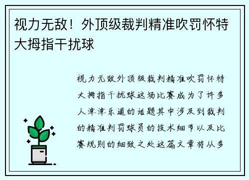 视力无敌！外顶级裁判精准吹罚怀特大拇指干扰球