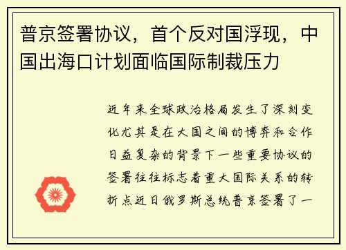 普京签署协议，首个反对国浮现，中国出海口计划面临国际制裁压力