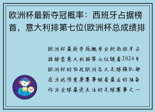 欧洲杯最新夺冠概率：西班牙占据榜首，意大利排第七位(欧洲杯总成绩排名)