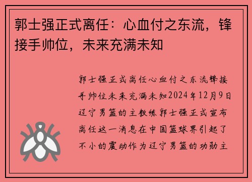 郭士强正式离任：心血付之东流，锋接手帅位，未来充满未知